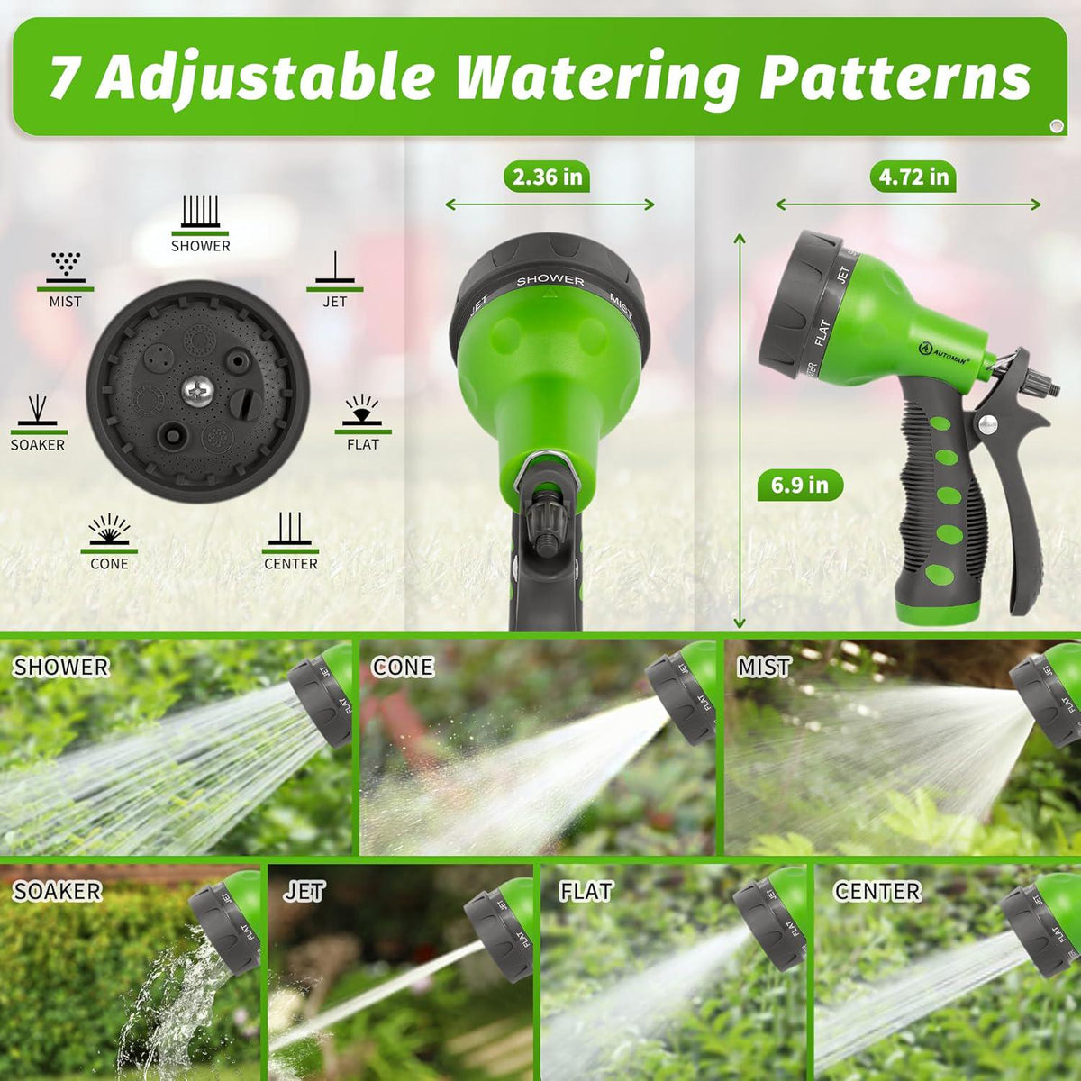 AUTOMAN-Garden-Hose-Nozzle,ABS Water Spray Nozzle With Heavy Duty 7 Adjustable Watering Patterns,Slip Resistant For Watering Plants,Lawn& Garden,Washing Cars,Cleaning,Showering Pets - Green,
