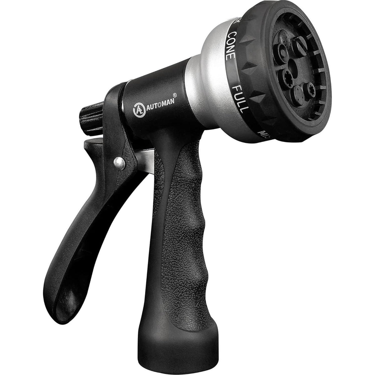 AUTOMAN-Garden-Hose-Nozzle, ABS Water Spray Nozzle, 7 Adjustable Watering Patterns, Slip Resistant For Watering Plants, Lawn& Garden, Washing Cars, Cleaning, Showering Pets And Outdoor Fun.Silver Color,