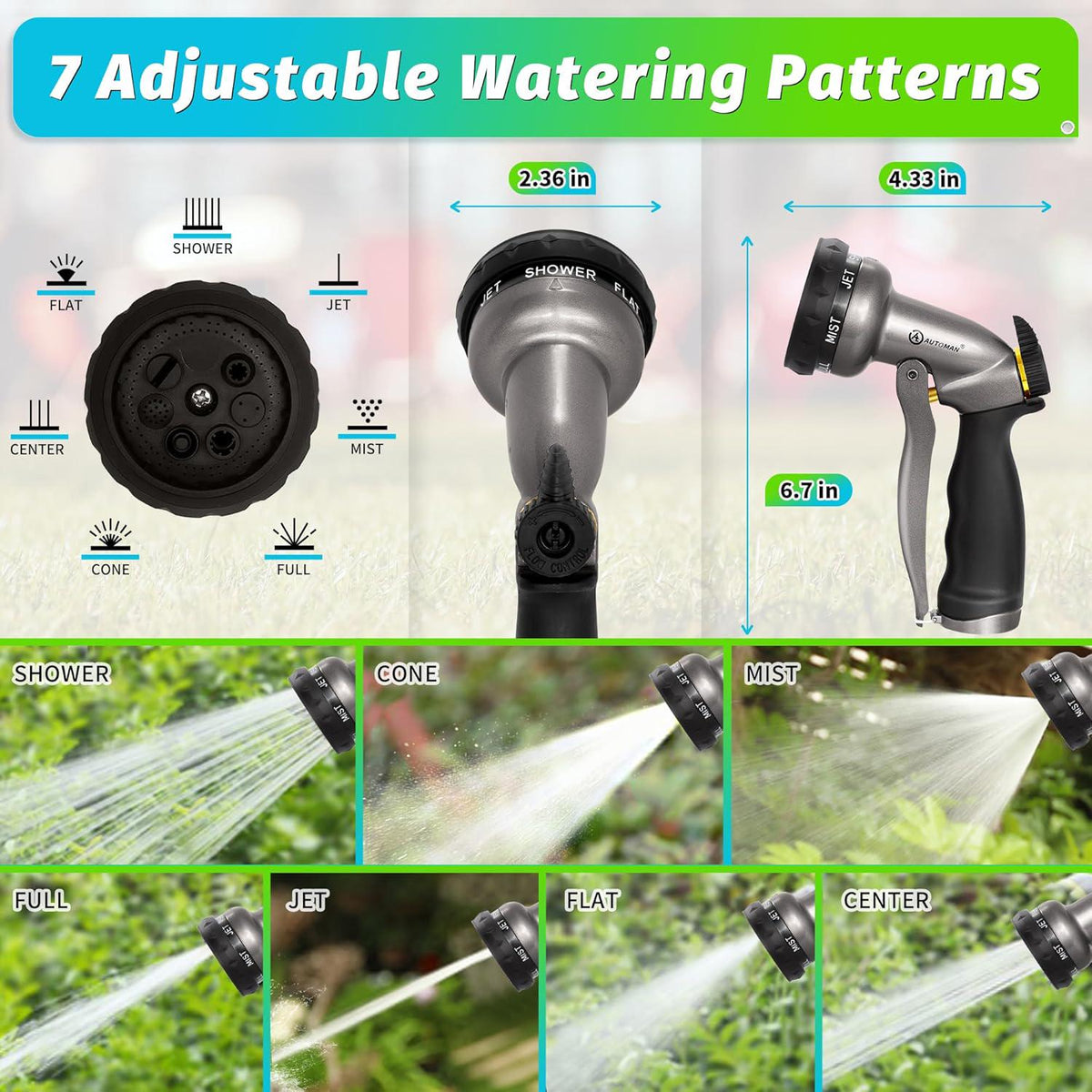 AUTOMAN Garden Hose Nozzle -2 Pack, 100% Metal High Pressure Spray Nozzle, Labor-Saving Design, Heavy Duty Water Hose Nozzle For Garden Watering, Car Washing, Window Cleaning,Pets Bathing,