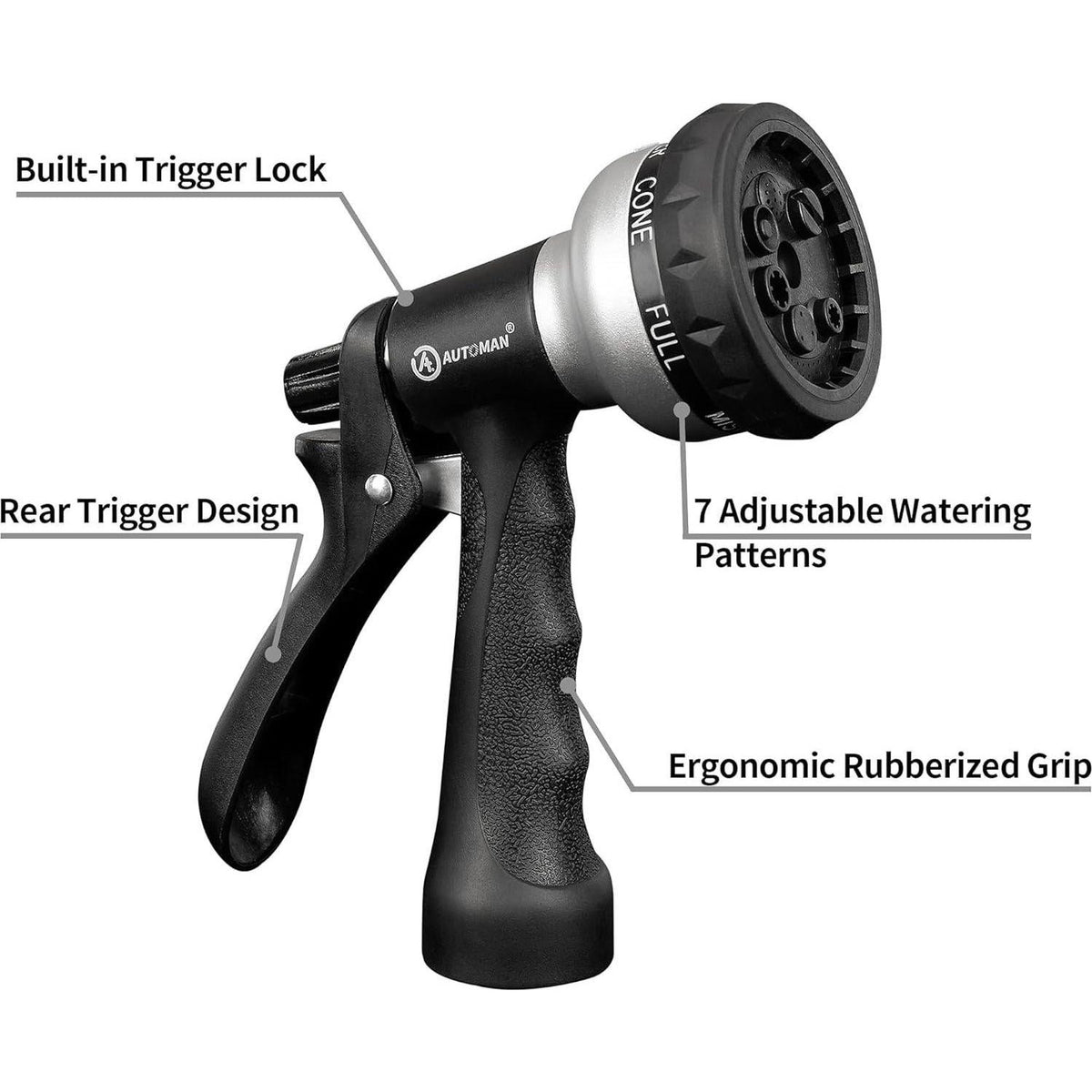 AUTOMAN-Garden-Hose-Nozzle, ABS Water Spray Nozzle, 7 Adjustable Watering Patterns, Slip Resistant For Watering Plants, Lawn& Garden, Washing Cars, Cleaning, Showering Pets And Outdoor Fun.Silver Color,