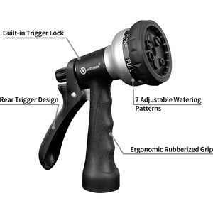 AUTOMAN-Garden-Hose-Nozzle, ABS Water Spray Nozzle, 7 Adjustable Watering Patterns, Slip Resistant For Watering Plants, Lawn& Garden, Washing Cars, Cleaning, Showering Pets And Outdoor Fun.Silver Color,