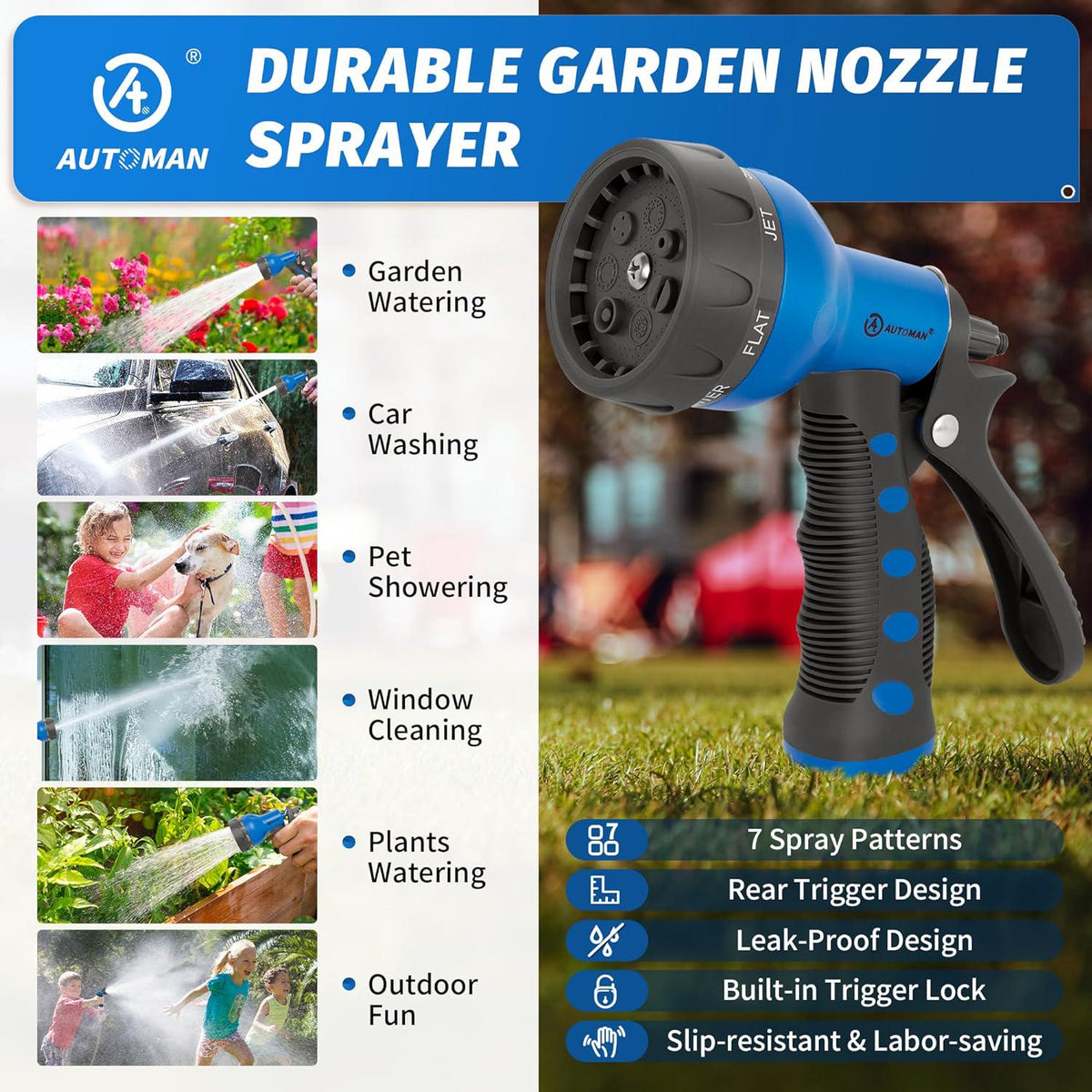 AUTOMAN-Garden-Hose-Nozzle,ABS Water Spray Nozzle With Heavy Duty 7 Adjustable Watering Patterns,Slip Resistant For Watering Plants,Lawn& Garden,Washing Cars,Cleaning,Showering Pets - Blue,