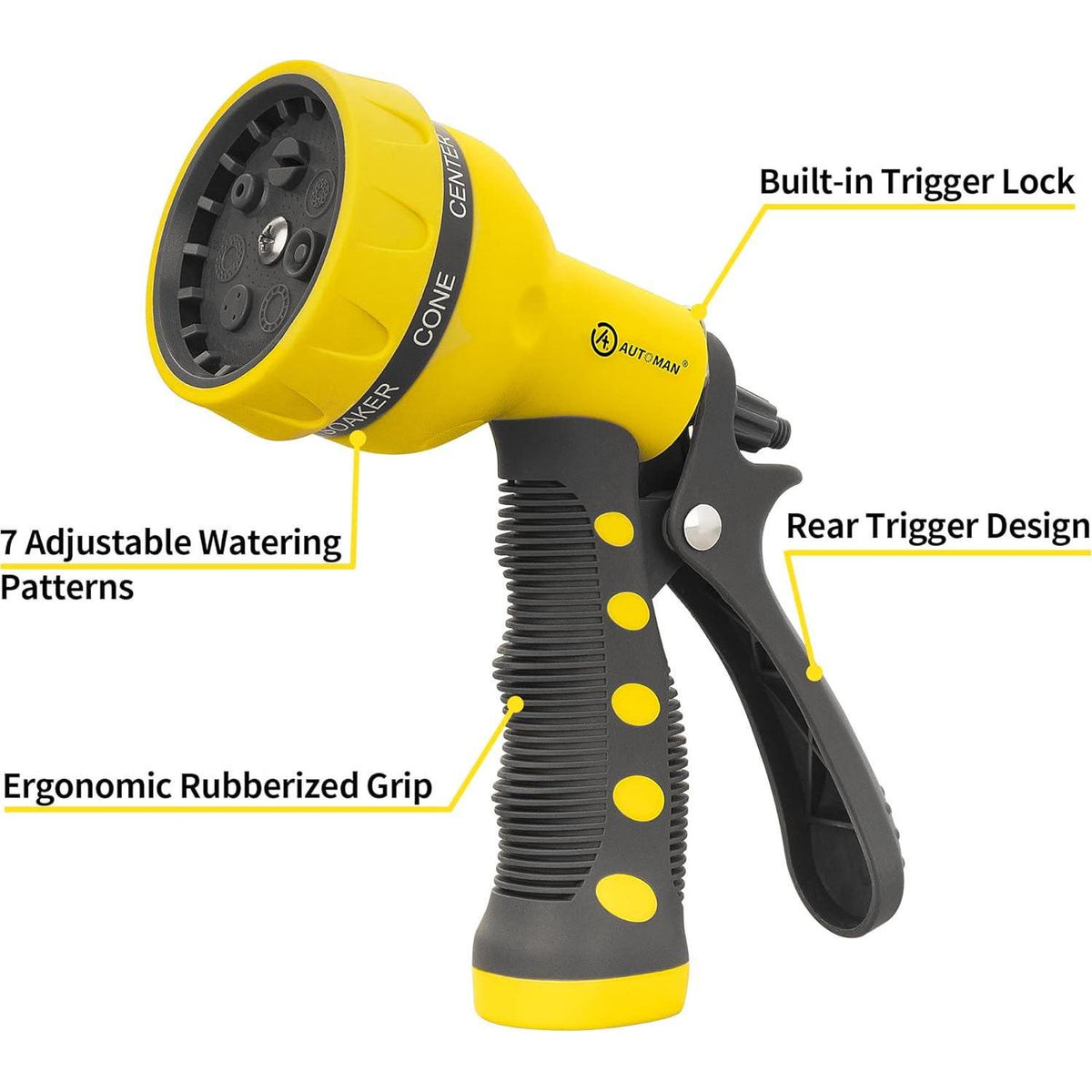 AUTOMAN-Garden-Hose-Nozzle,ABS Water Spray Nozzle With Heavy Duty 7 Adjustable Watering Patterns,Slip Resistant For Watering Plants,Lawn& Garden,Washing Cars,Cleaning,Showering Pets - Yellow,