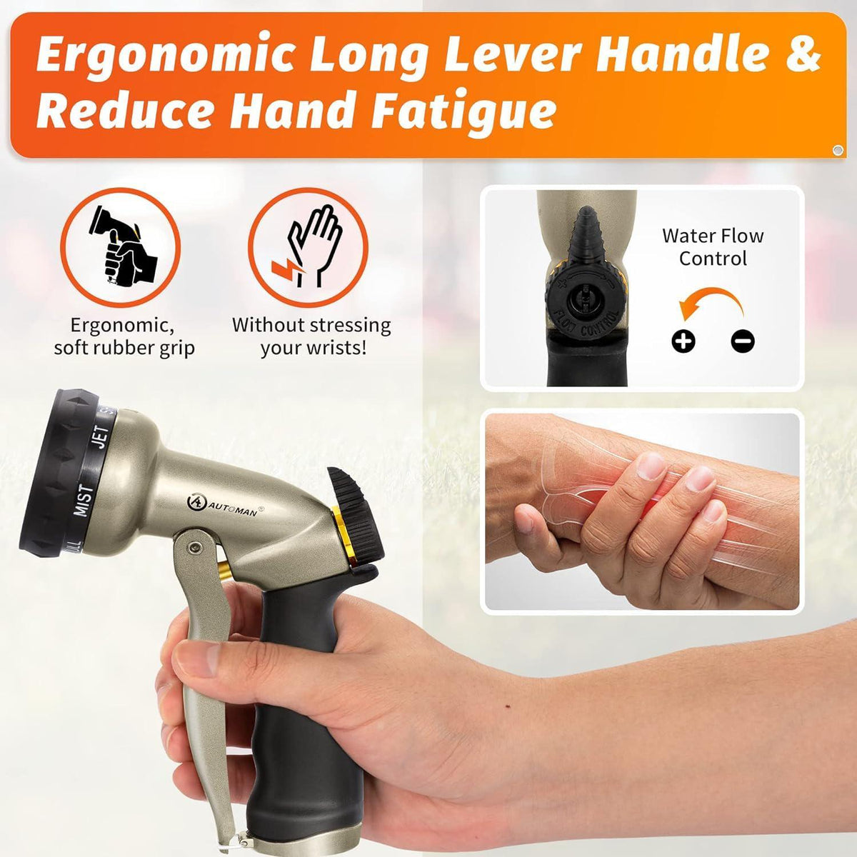 AUTOMAN Garden Hose Nozzle-7 Patterns Sprayer-2 Pack, Metal High Pressure Spray Nozzle, Heavy Duty Labor-Saving Design Water Hose Nozzle For Garden Watering, Car Washing, Window Cleaning, Pets Bathing,
