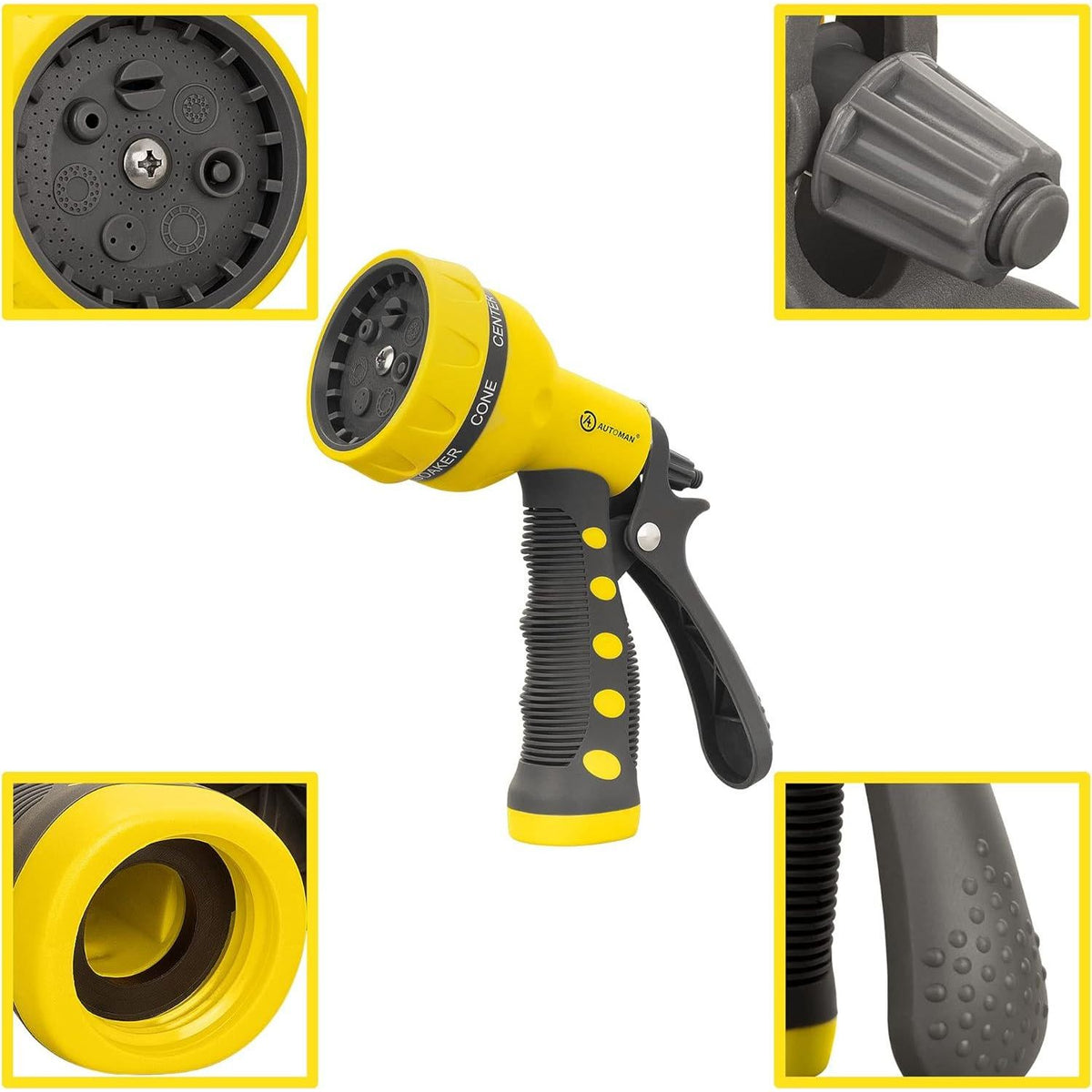 AUTOMAN-Garden-Hose-Nozzle,ABS Water Spray Nozzle With Heavy Duty 7 Adjustable Watering Patterns,Slip Resistant For Watering Plants,Lawn& Garden,Washing Cars,Cleaning,Showering Pets - Yellow,