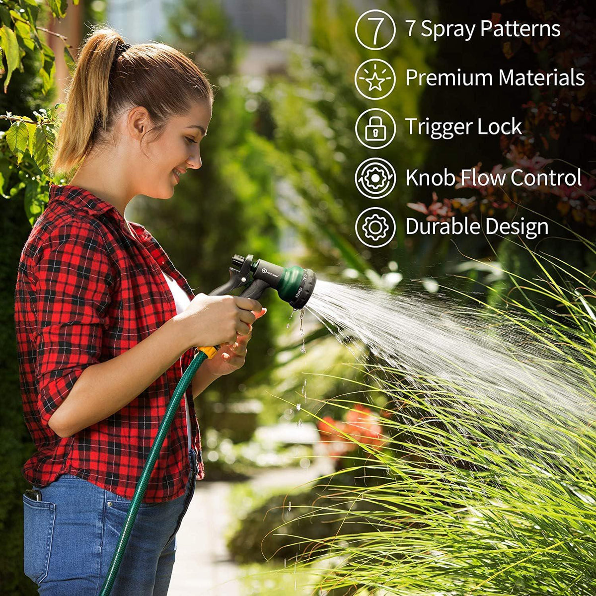 AUTOMAN-Garden-Hose-Nozzle-2PK,ABS Water Spray Nozzle With Heavy Duty 7 Adjustable Watering Patterns,Slip Resistant For Watering Plants,Lawn& Garden,Washing Cars,Cleaning,Showering Pets And Outdoor Fun,