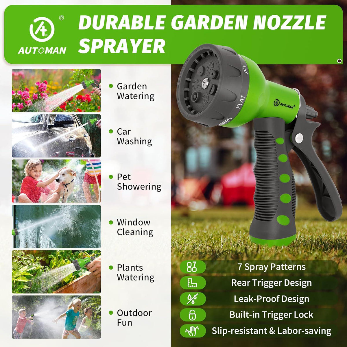 AUTOMAN-Garden-Hose-Nozzle,ABS Water Spray Nozzle With Heavy Duty 7 Adjustable Watering Patterns,Slip Resistant For Watering Plants,Lawn& Garden,Washing Cars,Cleaning,Showering Pets - Green,