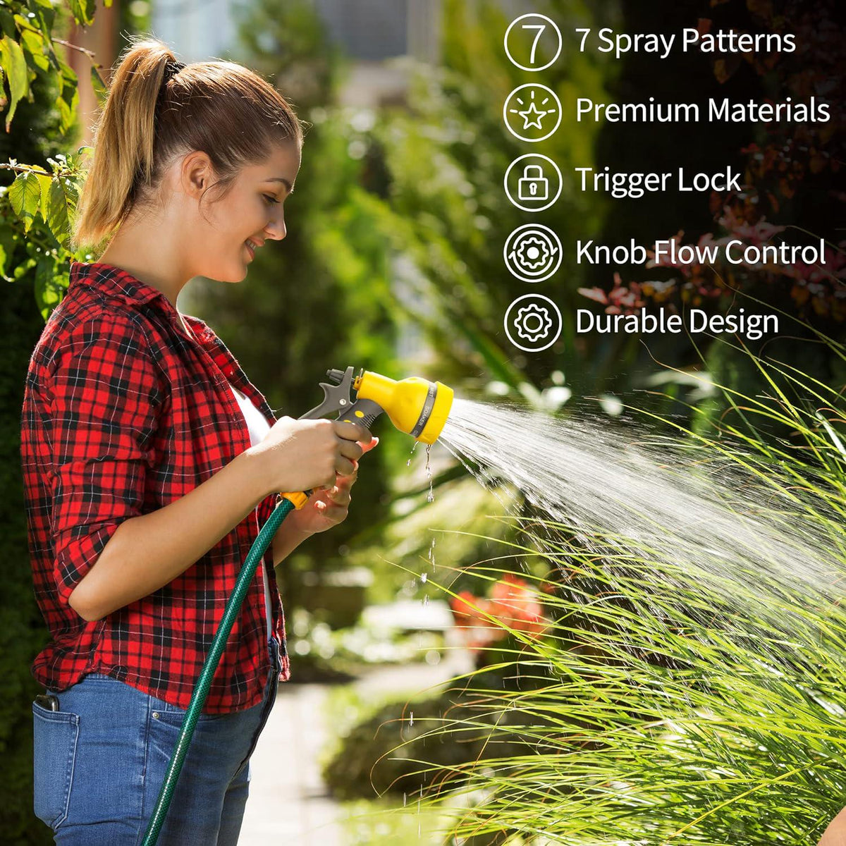 AUTOMAN-Garden-Hose-Nozzle,ABS Water Spray Nozzle With Heavy Duty 7 Adjustable Watering Patterns,Slip Resistant For Watering Plants,Lawn& Garden,Washing Cars,Cleaning,Showering Pets - Yellow,