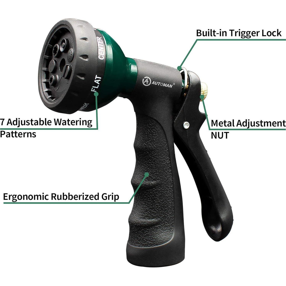 AUTOMAN-Garden-Hose-Nozzle, Metal Water Spray Nozzle With Heavy Duty 7 Adjustable Watering Patterns,Slip Resistant For Watering Plants,Lawn& Garden,Washing Cars,Cleaning,Showering Pets And Outdoor Fun.,