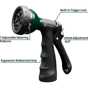 AUTOMAN-Garden-Hose-Nozzle, Metal Water Spray Nozzle With Heavy Duty 7 Adjustable Watering Patterns,Slip Resistant For Watering Plants,Lawn& Garden,Washing Cars,Cleaning,Showering Pets And Outdoor Fun.,