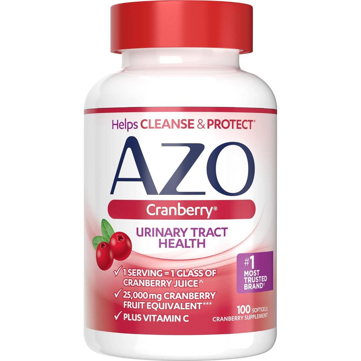 AZO Cranberry Supplement, Made with Concentrated Whole Fruit Cranberry Powder, Helps Cleanse & Protect Urinary Tract, Sugar-Free, Non-GMO, 100 Softgels