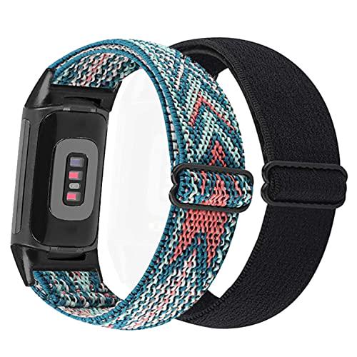 Abanen Elastic Fitbit Bands, 2 Pack, Black, Blue, Pink, Soft Stretch Nylon Strap for Charge 6/5, Adjustable Clasp