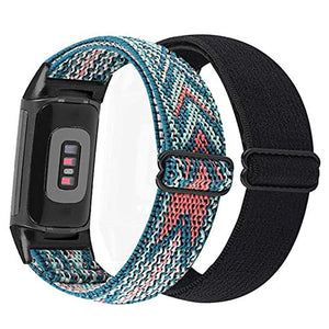 Abanen Elastic Fitbit Bands, 2 Pack, Black, Blue, Pink, Soft Stretch Nylon Strap for Charge 6/5, Adjustable Clasp