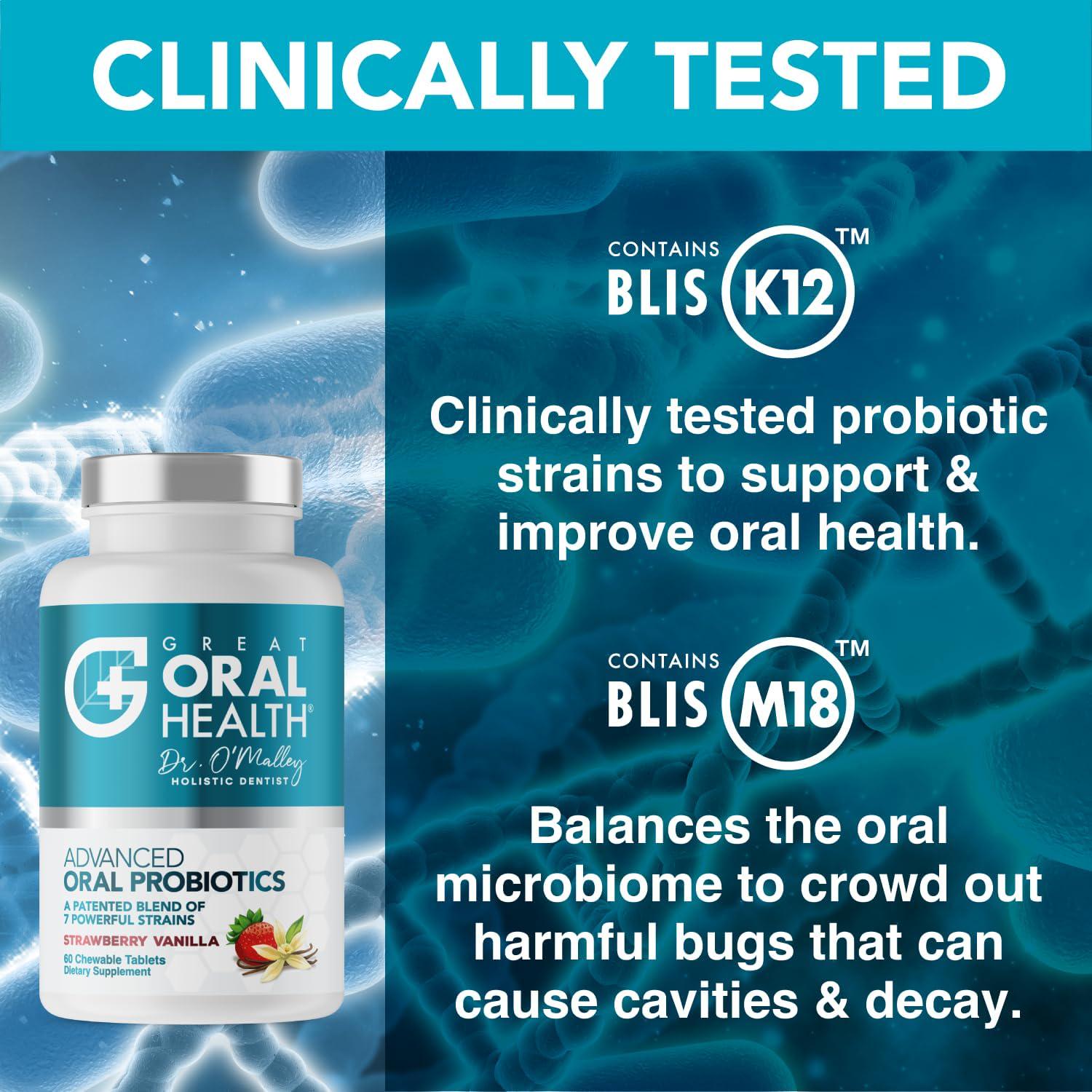 Advanced Oral Probiotics For Mouth Bad Breath Treatment For Adults, Dentist Formulated BLIS K12 M18 Oral Health Probiotics For Teeth/Gums, Flavor Variation Pack: Mint, Strawberry Vanilla 60 Count Each,