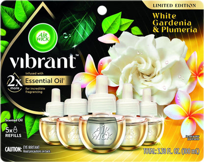 Air Wick Plug-In Scented Oil Refills, White Gardenia & Plumeria, Long-Lasting Room Fresheners, 5 Count
