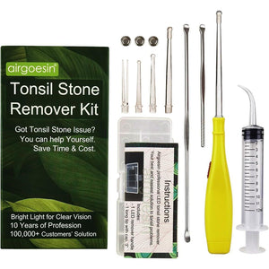Airgoesin Upgraded Tonsil Stone Remover Tool, Yellow, 5 Tips, Tonsillolith Pick Case + 1 Irrigator Fresh Breath Oral Rinse,