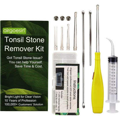Airgoesin Upgraded Tonsil Stone Remover Tool, Yellow, 5 Tips, Tonsillolith Pick Case + 1 Irrigator Fresh Breath Oral Rinse,