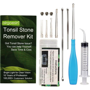 Airgoesin Upgraded Tonsil Stone Remover Tool, Blue, 5 Tips, Tonsillolith Pick Case + 1 Irrigator Fresh Breath Oral Rinse,