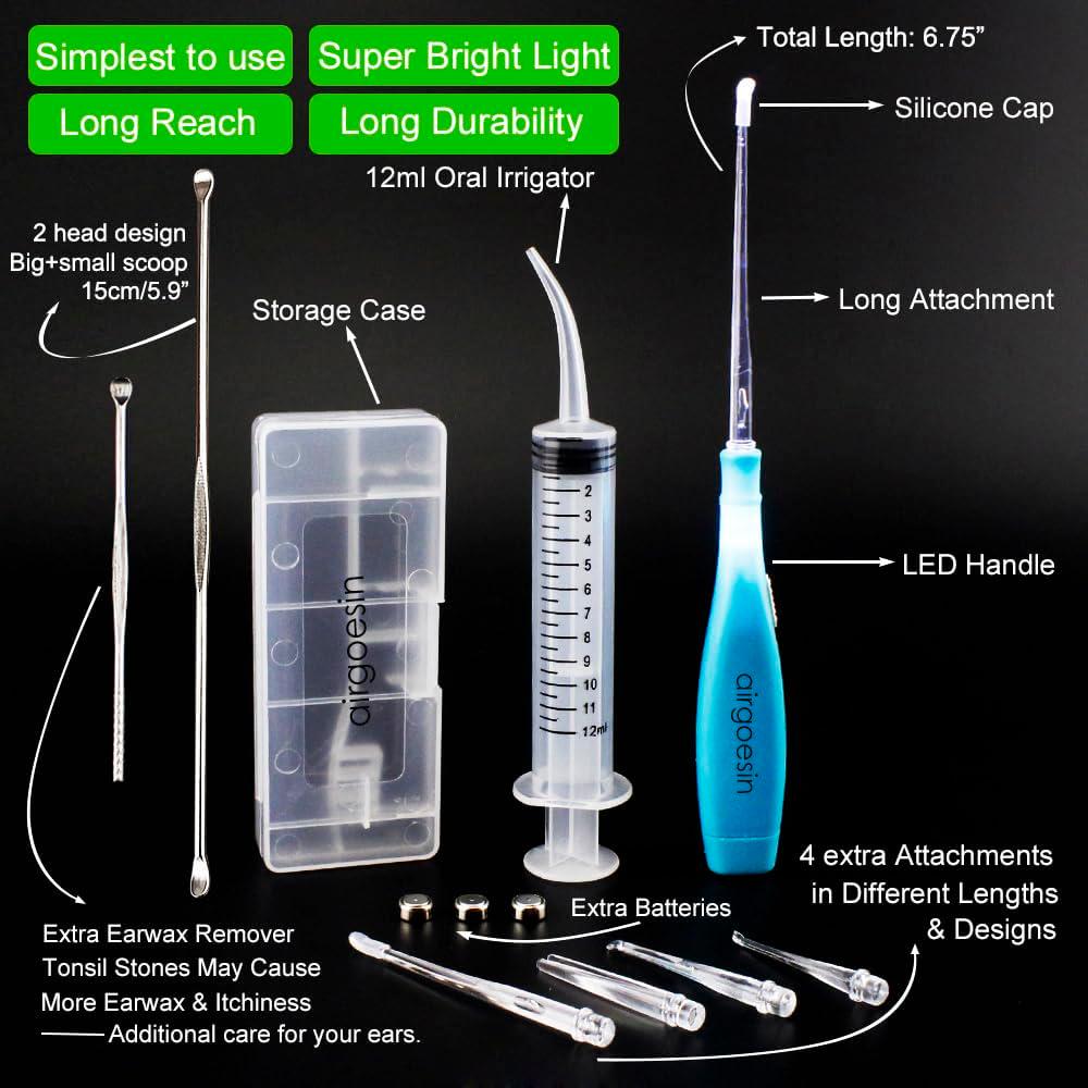 Airgoesin Upgraded Tonsil Stone Remover Tool, Blue, 5 Tips, Tonsillolith Pick Case + 1 Irrigator Fresh Breath Oral Rinse,