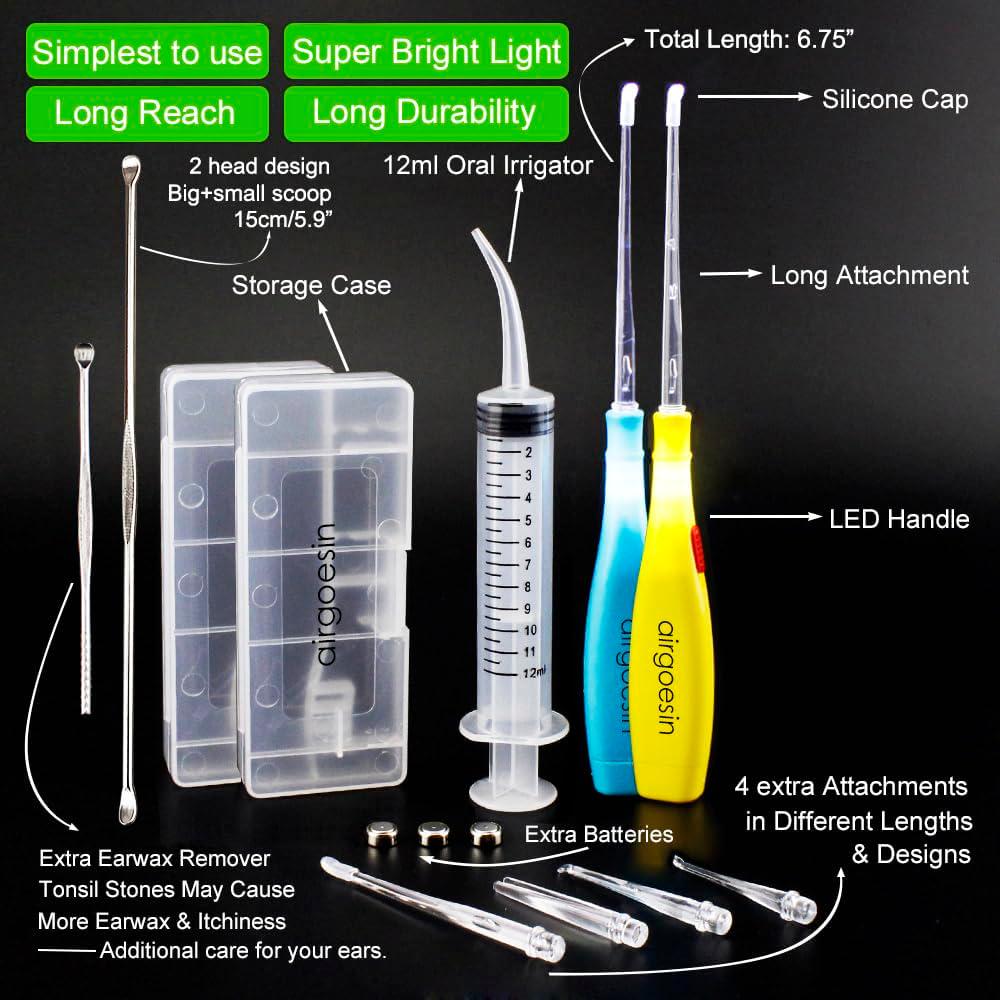 Airgoesin Upgraded Tonsil Stone Remover Tool, Blue And Yellow, 5 Tips, Tonsillolith Pick Case + 1 Irrigator Fresh Breath Oral Rinse,