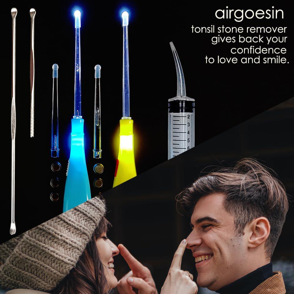 Airgoesin Upgraded Tonsil Stone Remover Tool, Blue And Yellow, 5 Tips, Tonsillolith Pick Case + 1 Irrigator Fresh Breath Oral Rinse,