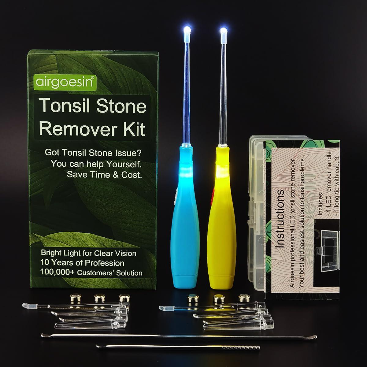 Airgoesin Upgraded Tonsil Stone Remover Tool, Blue And Yellow, 5 Tips, Tonsillolith Pick Case + 1 Irrigator Fresh Breath Oral Rinse,