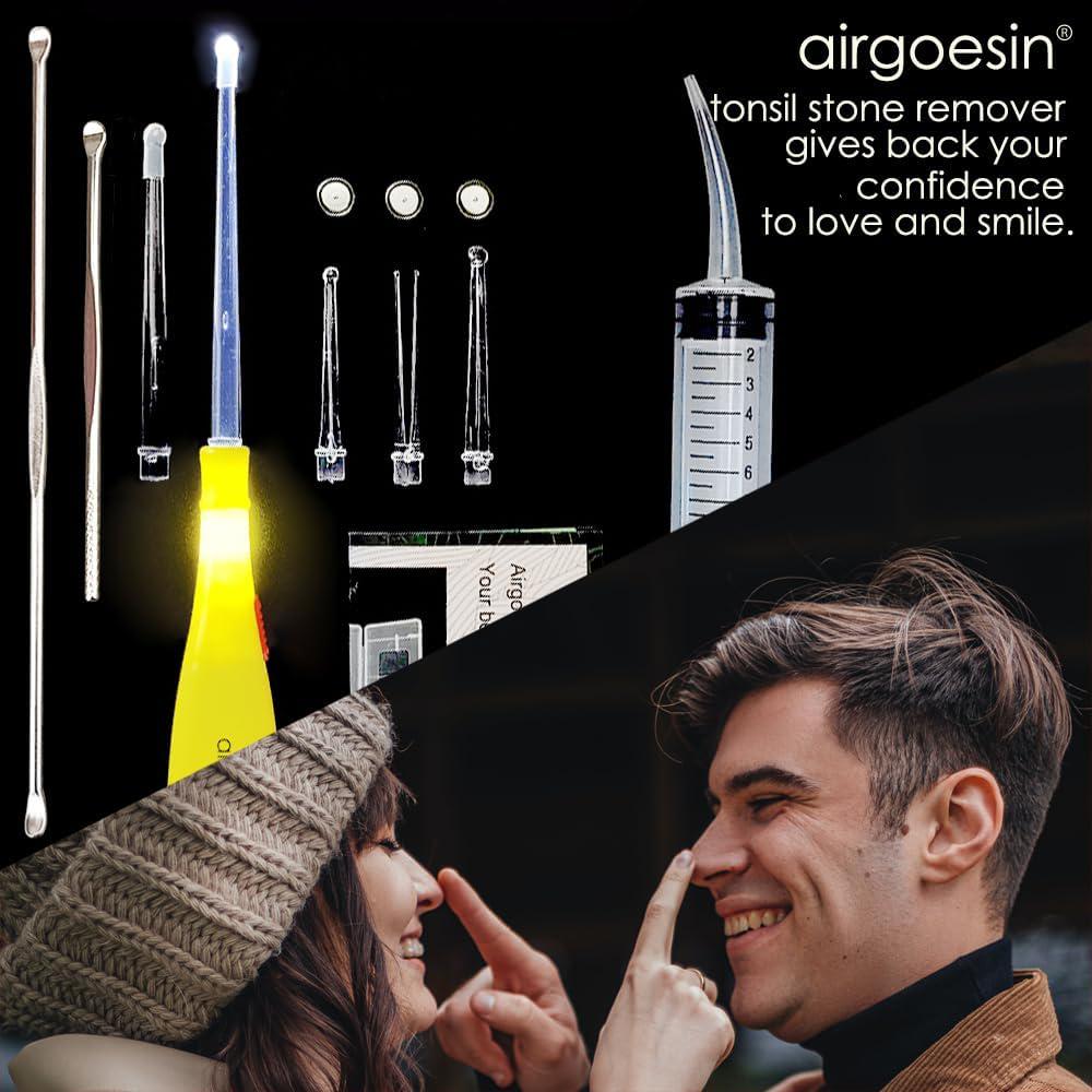 Airgoesin Upgraded Tonsil Stone Remover Tool, Yellow, 5 Tips, Tonsillolith Pick Case + 1 Irrigator Fresh Breath Oral Rinse,