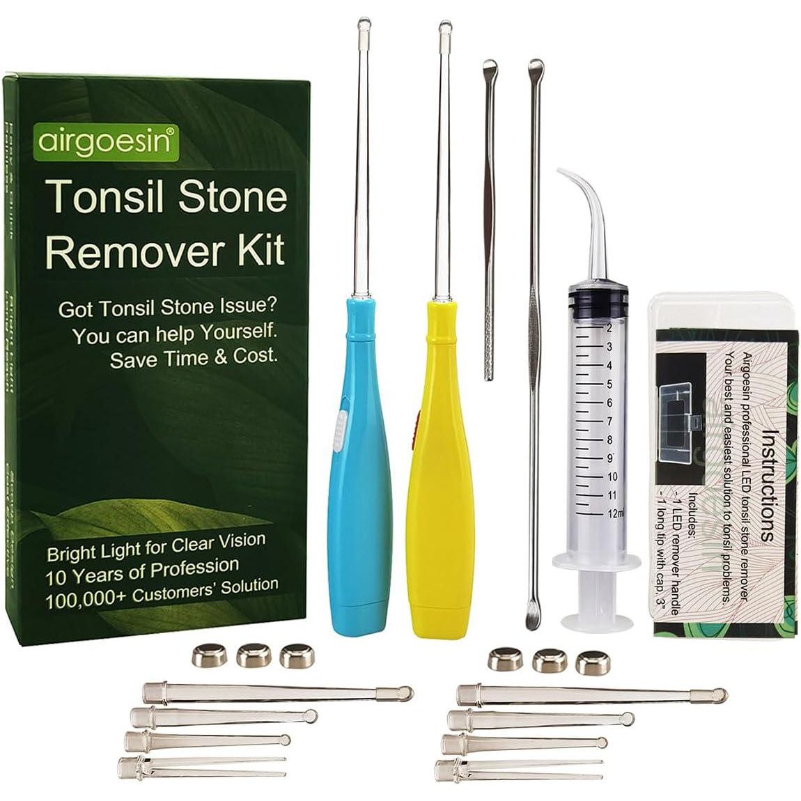 Airgoesin Upgraded Tonsil Stone Remover Tool, Blue And Yellow, 5 Tips, Tonsillolith Pick Case + 1 Irrigator Fresh Breath Oral Rinse,