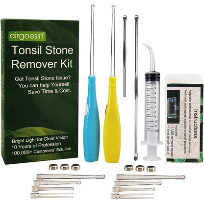 Airgoesin Upgraded Tonsil Stone Remover Tool, Blue And Yellow, 5 Tips, Tonsillolith Pick Case + 1 Irrigator Fresh Breath Oral Rinse,