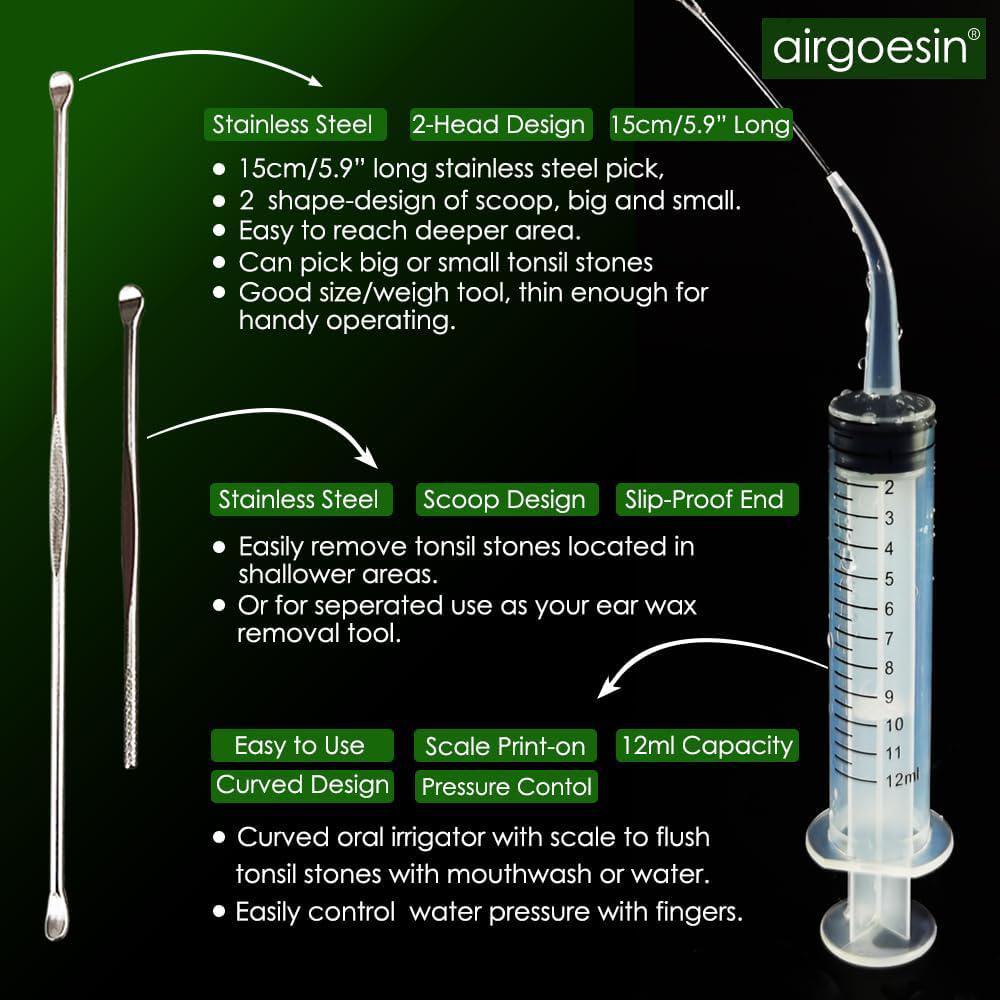 Airgoesin Upgraded Tonsil Stone Remover Tool, Blue, 5 Tips, Tonsillolith Pick Case + 1 Irrigator Fresh Breath Oral Rinse,