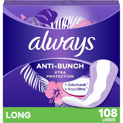 Always Always Anti-Bunch Xtra Protection Daily Liners Long Unscented, Anti Bunch Helps You Feel Comfortable, 108 Count (Packaging May Vary)