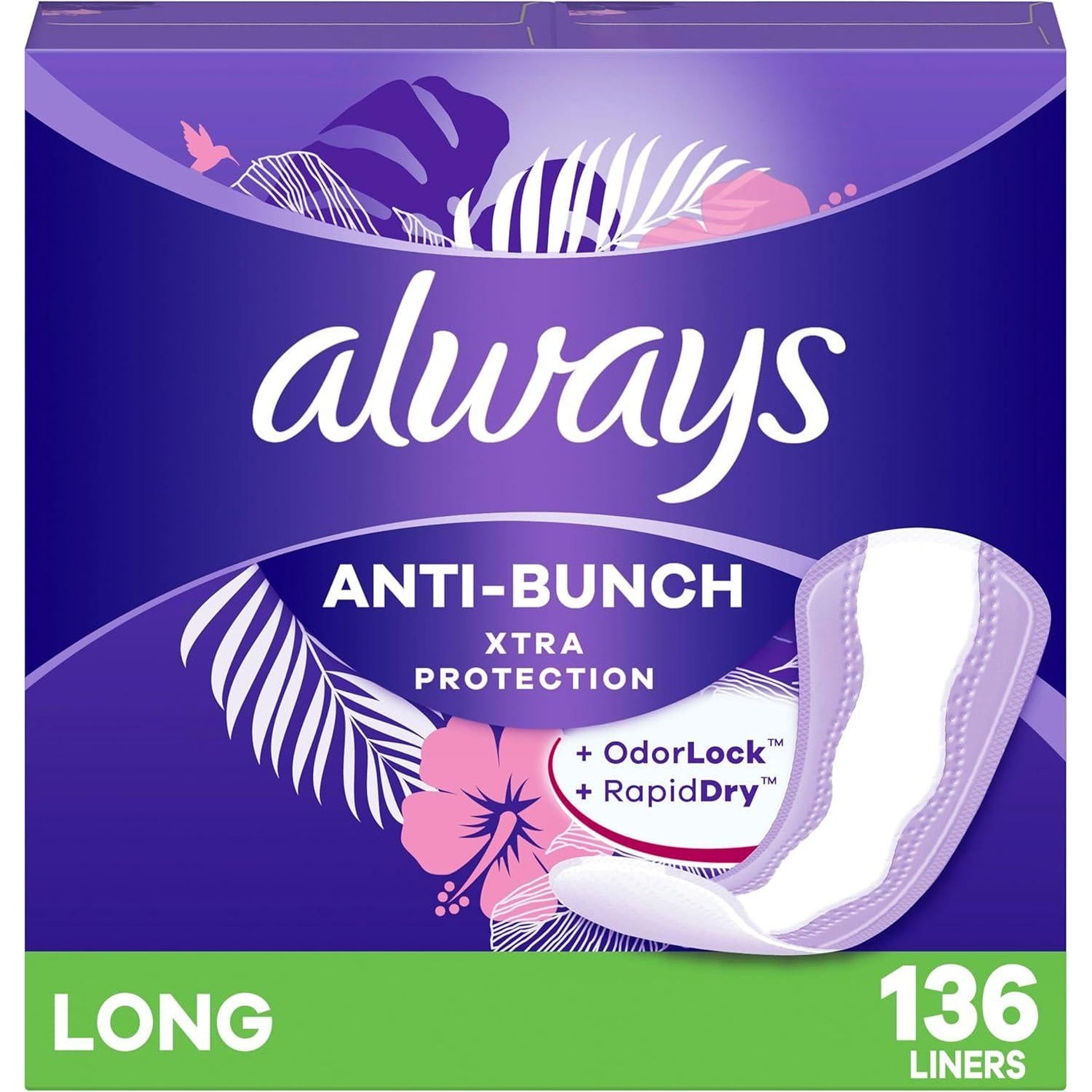 Always Always Anti-Bunch Xtra Protection Daily Liners, Long Length, Unscented, 136 Count