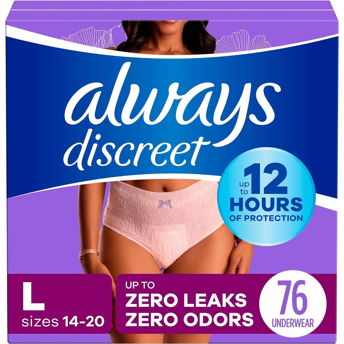 Always Discreet Always Discreet Adult Incontinence Underwear For Women And Postpartum Underwear, L, Up To 100%* Bladder Leak Protection, 76 CT,