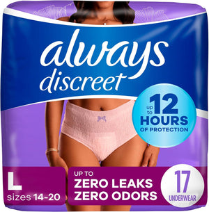 Always Discreet Adult Incontinence & Postpartum Underwear for Women, Maximum Absorbency, Large, 17 Count (Packaging May Vary)