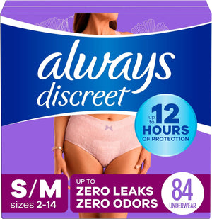 Always Discreet Adult Incontinence Underwear for Women, Postpartum Underwear, S/M, Up to 100 Bladder Leak Protection, 84 Count
