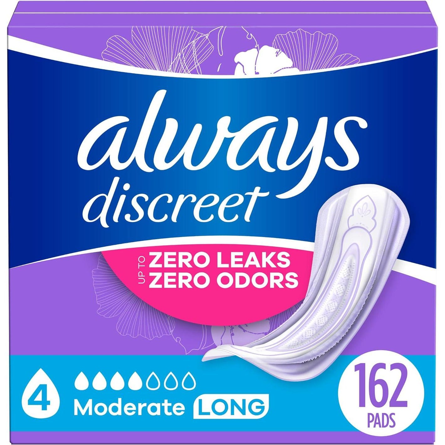 Always Discreet Adult Incontinence Pads for Women, Moderate Absorbency, Long Length Postpartum Pads, 162 Count