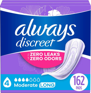 Always Discreet Adult Incontinence Pads for Women, Moderate Absorbency, Long Length Postpartum Pads, 162 Count