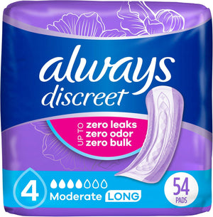 Always Discreet Adult Incontinence Pads for Women, Moderate Absorbency, Postpartum Pads, 54 Count