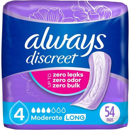 Always Discreet Adult Incontinence Pads for Women, Moderate Absorbency, Postpartum Pads, 54 Count