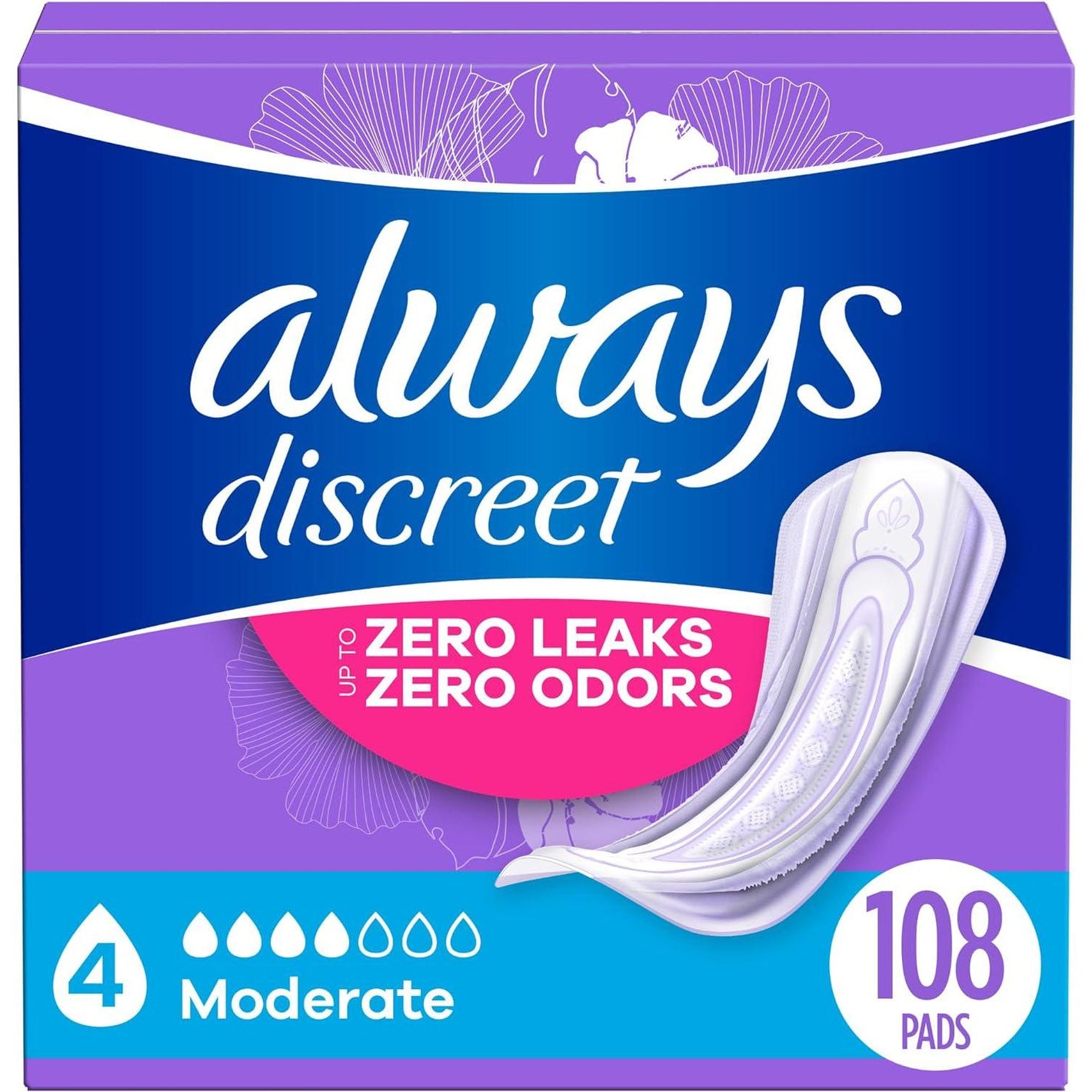 Always Discreet Adult Incontinence Pads for Women, Moderate Absorbency, Regular Length Postpartum Pads, 108 Count (Packaging May Vary)