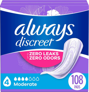 Always Discreet Adult Incontinence Pads for Women, Moderate Absorbency, Regular Length Postpartum Pads, 108 Count (Packaging May Vary)