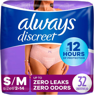 Always Discreet Incontinence & Postpartum Underwear for Women, Small/Medium, Maximum Protection, 32 Count