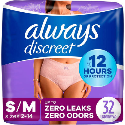 Always Discreet Incontinence & Postpartum Underwear for Women, Small/Medium, Maximum Protection, 32 Count