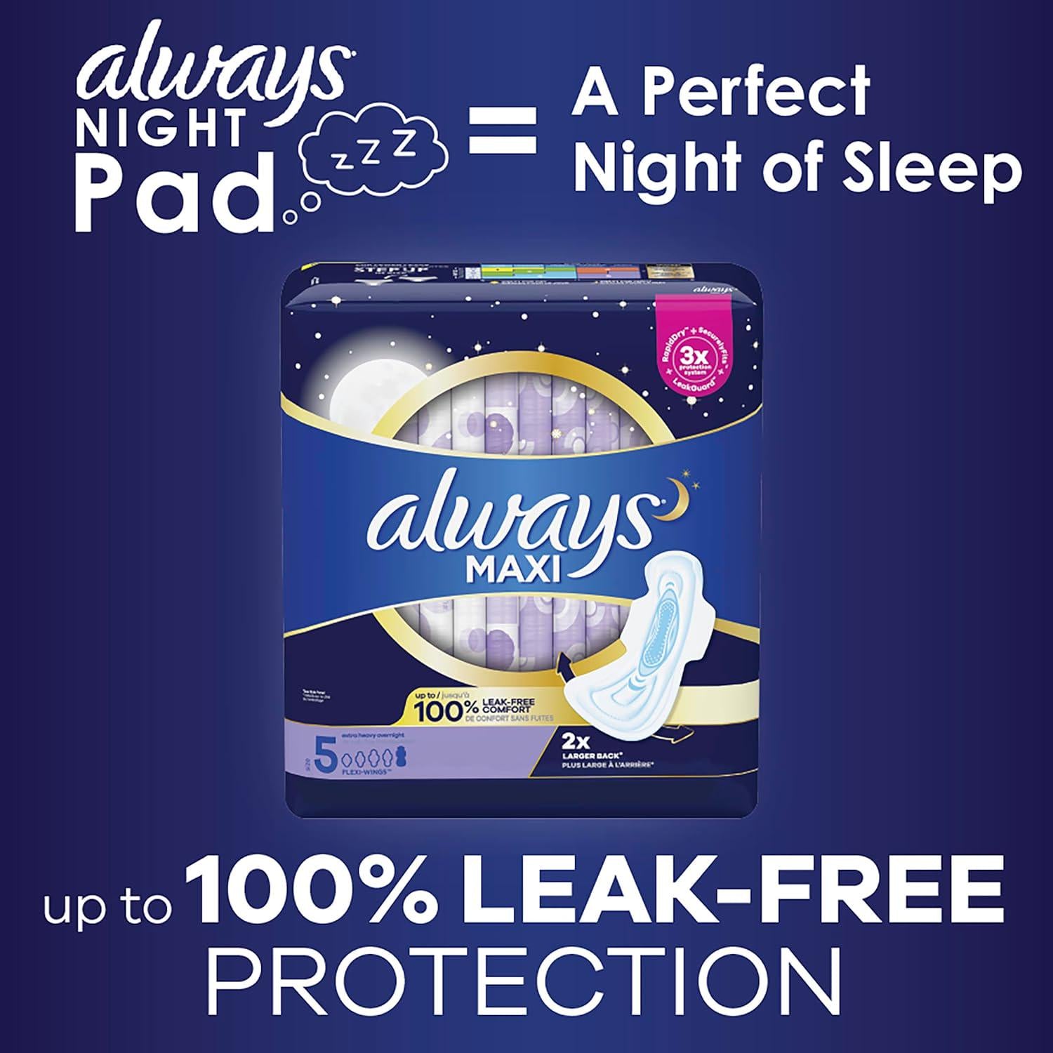 Always Maxi Overnight Pads With Wings, Size 5, Extra Heavy Overnight, Unscented, 72 Count,