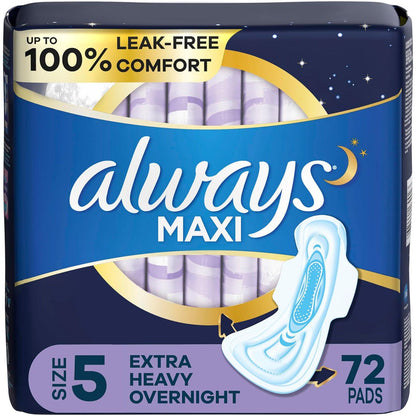 Always Maxi Overnight Pads With Wings, Size 5, Extra Heavy Overnight, Unscented, 72 Count,