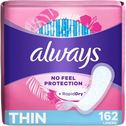 Always Thin Daily Panty Liners for Women, Light Absorbency, Unscented, 162 Count, Packaging May Vary