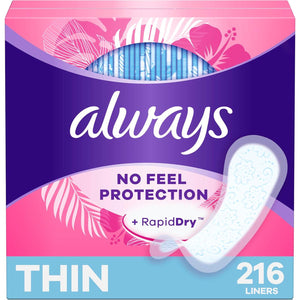 Always Thin No Feel Protection Daily Liners, Regular Absorbency, Unscented, 216 Count