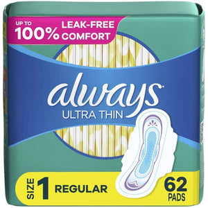 Always Ultra Thin Pads with Flexi Wings, Size 1 Regular, Unscented, 62 Count