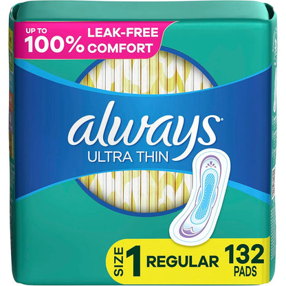 Always Ultra Thin Pads for Women, Size 1, Regular Absorbency, Unscented, 44 Count per Pack, 3 Packs (132 Count Total)