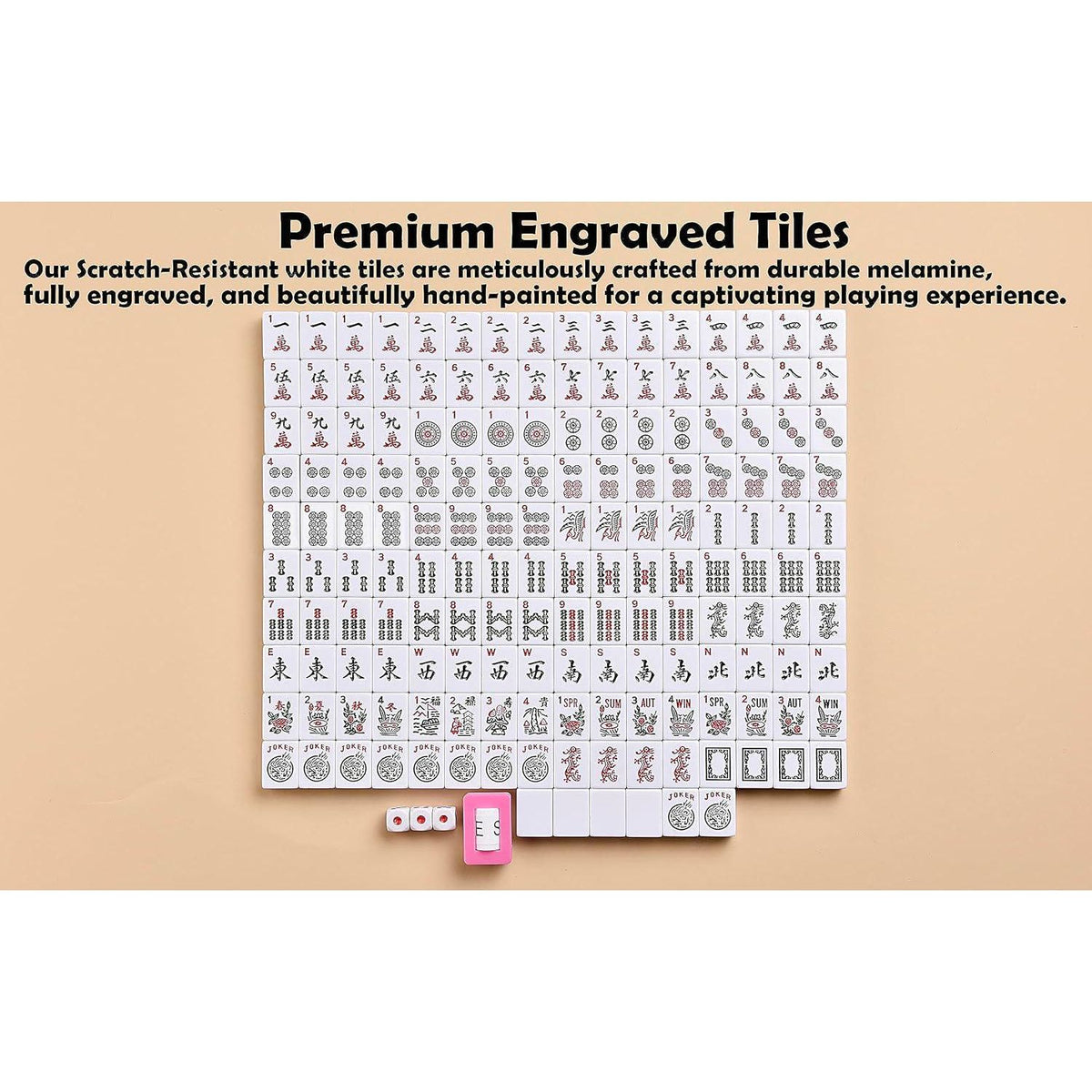 American Mahjong Game Set 166 White Engraved Tiles For Western Mah Jong, Mah Jongg Play With Traveler Size Carrying Case, Dices, Chips, Manual,Win Indicator. / Racks And Pushers Not Included,